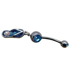 🍭4/$20 Blue glitter sandal flip flop flower jewel silver belly button ring
